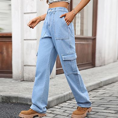 Women Cargo Pants Denim Straight Leg Trousers with Pockets