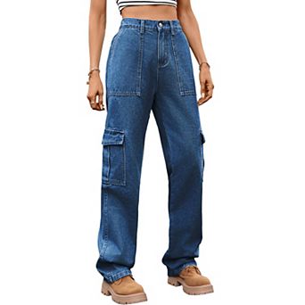 Women Cargo Pants Denim Straight Leg Trousers with Pockets