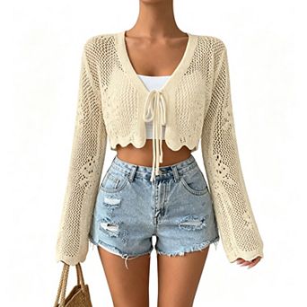 Women Tie Front Cropped Cardigan Bell Sleeve Crochet Sweater Shrug