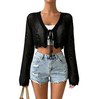 Women Tie Front Cropped Cardigan Bell Sleeve Crochet Sweater Shrug