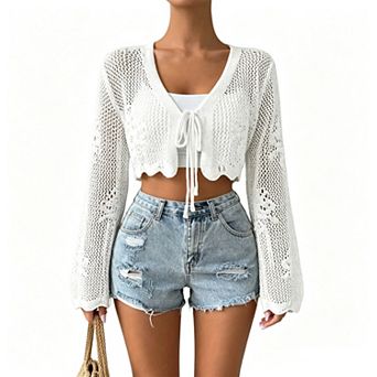 Women Tie Front Cropped Cardigan Bell Sleeve Crochet Sweater Shrug