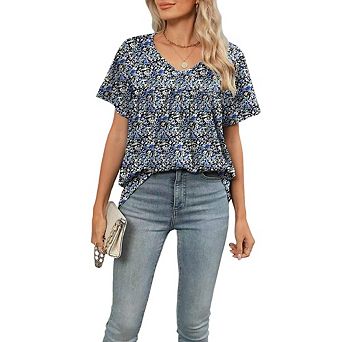 Boho Geometric Print V Neck Short Sleeve Waist Babydoll Loose Fit Casual Vacation Shirt
