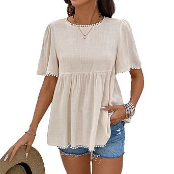 Round Neck Pom Pom Lace Trim Flutter Short Sleeve Loose Babydoll Peplum Hem Casual Summer Blouse Top