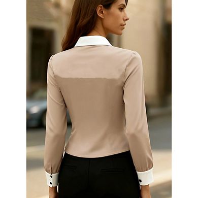Contrast Color Block Collar & Cuff Long Sleeve Full Button Front Fitted Waist Tailored Office Shirt