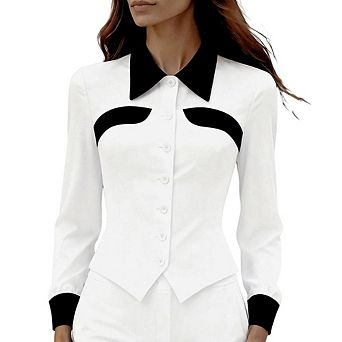 Contrast Color Block Collar & Cuff Long Sleeve Full Button Front Fitted Waist Tailored Office Shirt
