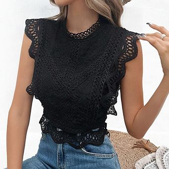 High Mock Neck Cutout Ruffle Cap Sleeve All Over Openwork Lace Cropped Sleeveless Dressy Blouse Top