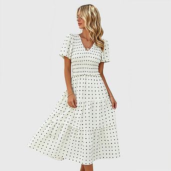 Women's Summer V Neck Smocked Midi Dress Polka Dots Flutter Sleeve Tiered Flowy Dress