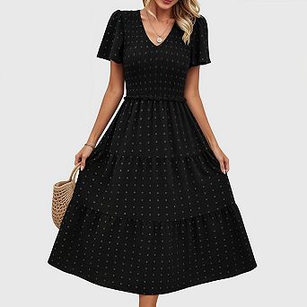 Women's Summer V Neck Smocked Midi Dress Polka Dots Flutter Sleeve Tiered Flowy Dress