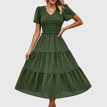Women's Summer V Neck Smocked Midi Dress Polka Dots Flutter Sleeve Tiered Flowy Dress