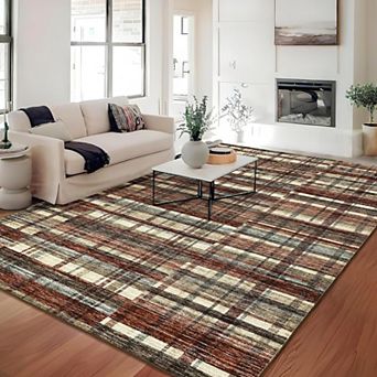 Modern Plaid Washable Area Rug Non Slip Low Pile Soft Carpet for Living Room Bedroom Office