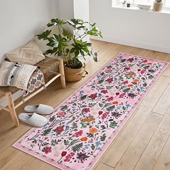 Washable Floral Area Rug Soft Vintage Oriental Non Slip Low Pile Indoor Carpet