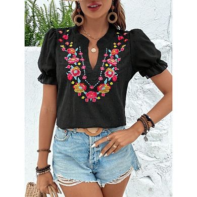 Split Notch V Neck All Over Floral Embroidery Puff Ruffle Short Sleeve Textured Woven Boho Blouse