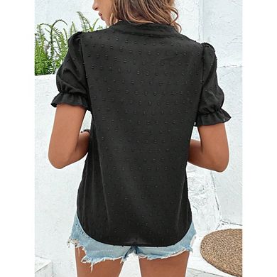 Split Notch V Neck All Over Floral Embroidery Puff Ruffle Short Sleeve Textured Woven Boho Blouse