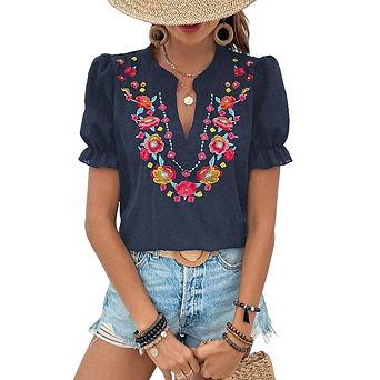 Split Notch V Neck All Over Floral Embroidery Puff Ruffle Short Sleeve Textured Woven Boho Blouse