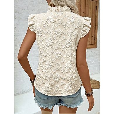 Ruffled Split Stand Collar All Over Floral Embossed Sleeveless Ruffle Cap Shoulder Loose Fit Tops