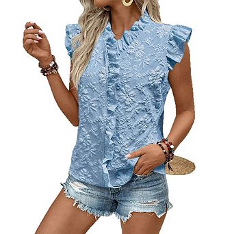 Ruffled Split Stand Collar All Over Floral Embossed Sleeveless Ruffle Cap Shoulder Loose Fit Tops