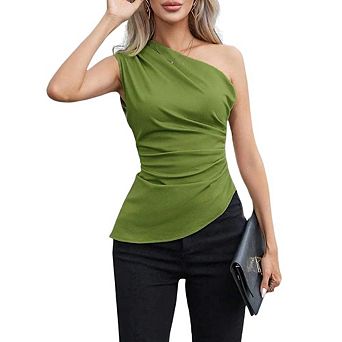 Single One Shoulder Neck Side Waist Ruched Satin Slim Fit Asymmetrical Curved Hem Sleeveless Shirt