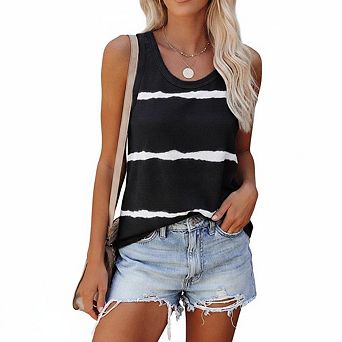 Classic Crew Neck Horizontal Tie Dye Stripe Sleeveless Loose Relax Fit Soft Jersey Casual Summer Top