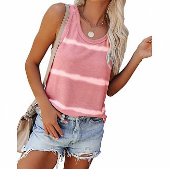 Classic Crew Neck Horizontal Tie Dye Stripe Sleeveless Loose Relax Fit Soft Jersey Casual Summer Top