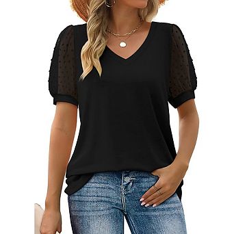 Deep V Neck Swiss Dot Mesh Puff Short Sleeve Loose Relax Fit Soft Knit Casual Everyday Blouse Top