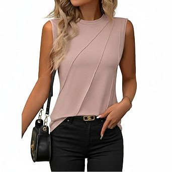 Minimal Crew Neck Diagonal Front Seam Sleeveless Loose Relax Fit Stretch Knit Casual Layering Tank