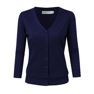 Women V Neck Button Front Knit Cardigan 3/4 Sleeve Lightweight Basic Layering Sweater Top