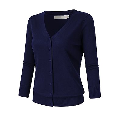 Women V Neck Button Front Knit Cardigan 3/4 Sleeve Lightweight Basic Layering Sweater Top
