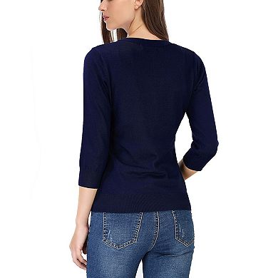 Women V Neck Button Front Knit Cardigan 3/4 Sleeve Lightweight Basic Layering Sweater Top