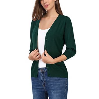 Women V Neck Button Front Knit Cardigan 3/4 Sleeve Lightweight Basic Layering Sweater Top