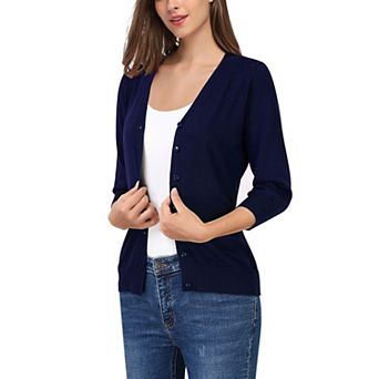 Women V Neck Button Front Knit Cardigan 3/4 Sleeve Lightweight Basic Layering Sweater Top