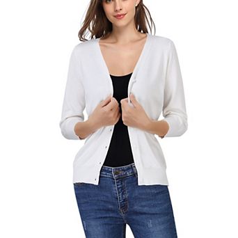 Women V Neck Button Front Knit Cardigan 3/4 Sleeve Lightweight Basic Layering Sweater Top