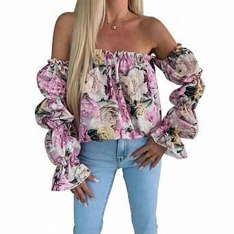 Elastic Off Shoulder Neck All Over Floral Print Bubble Ruffle Long Sleeve Cropped Casual Blouse