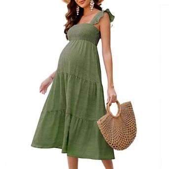 Women's Maternity Square Neck Sleeveless Casual Elegant Smocked Ruffled Tiered Flowy Midi Dress