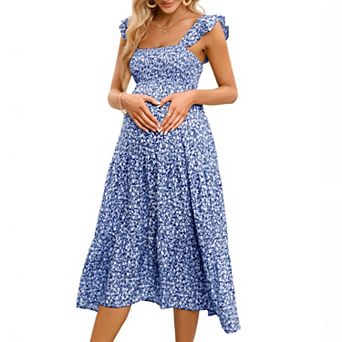 Women's Maternity Square Neck Sleeveless Casual Elegant Smocked Ruffled Tiered Flowy Midi Dress