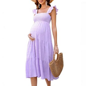 Women's Maternity Square Neck Sleeveless Casual Elegant Smocked Ruffled Tiered Flowy Midi Dress