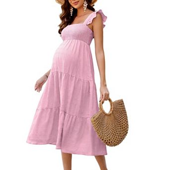 Women's Maternity Square Neck Sleeveless Casual Elegant Smocked Ruffled Tiered Flowy Midi Dress