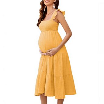 Women's Maternity Square Neck Sleeveless Casual Elegant Smocked Ruffled Tiered Flowy Midi Dress