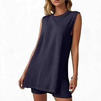 Women's Crew Neck Side Slit Sleeveless Long Tunic & High Waist Rib Short 2 pc Knit Outfit Set