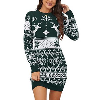 Women Christmas Reindeer Snowflake Knit Dress Long Sleeve Crew Neck Mini Sweater Dress