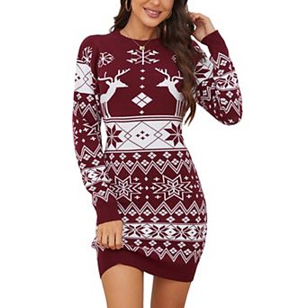 Women Christmas Reindeer Snowflake Knit Dress Long Sleeve Crew Neck Mini Sweater Dress