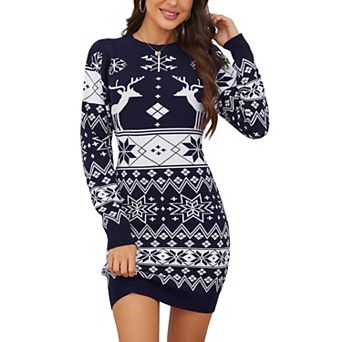 Women Christmas Reindeer Snowflake Knit Dress Long Sleeve Crew Neck Mini Sweater Dress