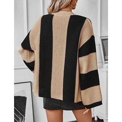 Women's Colorblock Lightweight Cardigan Sweaters Button Down Bell Sleeve Knit Outerwear