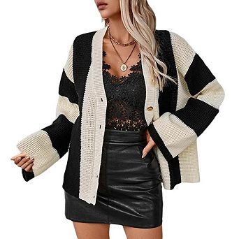 Women's Colorblock Lightweight Cardigan Sweaters Button Down Bell Sleeve Knit Outerwear