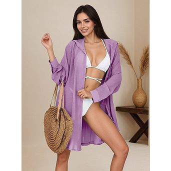 Women's Lightweight v Neck Button Down Long Sleeve Beach Cover Up Shirt Soft Viscose Resort Swimsuit