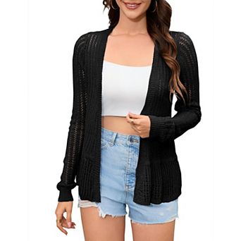 Women's Crochet Knit Cardigan, Open Front Long Sleeve Lightweight Casual Layering Top