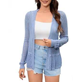 Women's Crochet Knit Cardigan, Open Front Long Sleeve Lightweight Casual Layering Top