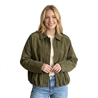 Women's Faux Suede Bomber Jacket Fall Lapel Zip Up Casual Long Sleeves Coats Streetwear