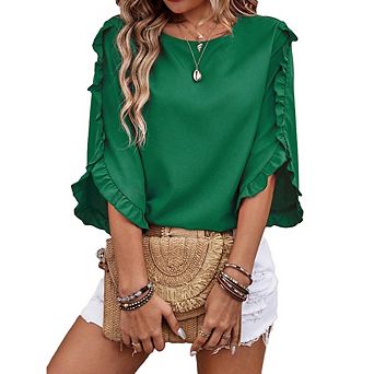3/4 Length Sleeve Womens Tops Ruffles Sleeve T Shirts Crew Neck Dressy Casual Tunic Blouses