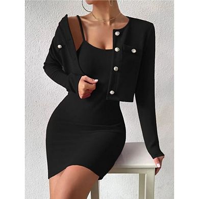 Women's 2 Piece Outfits Long Sleeve Button Down Cropped Jacket and Sleeveless Mini Dress Sets