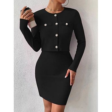 Women's 2 Piece Outfits Long Sleeve Button Down Cropped Jacket and Sleeveless Mini Dress Sets